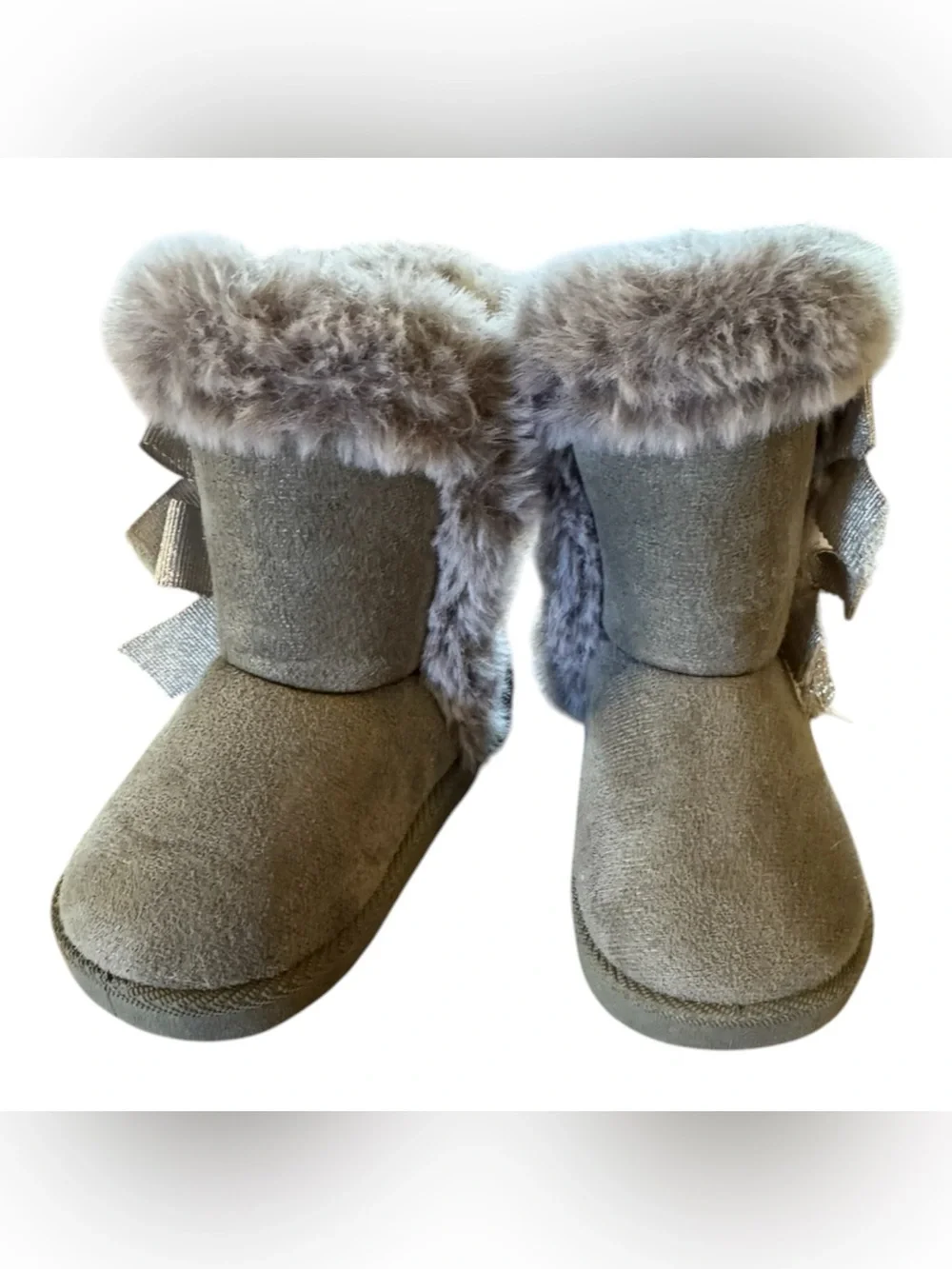 Baby Girl Faux Fur Bow Grey Booties Size 3 Cozy